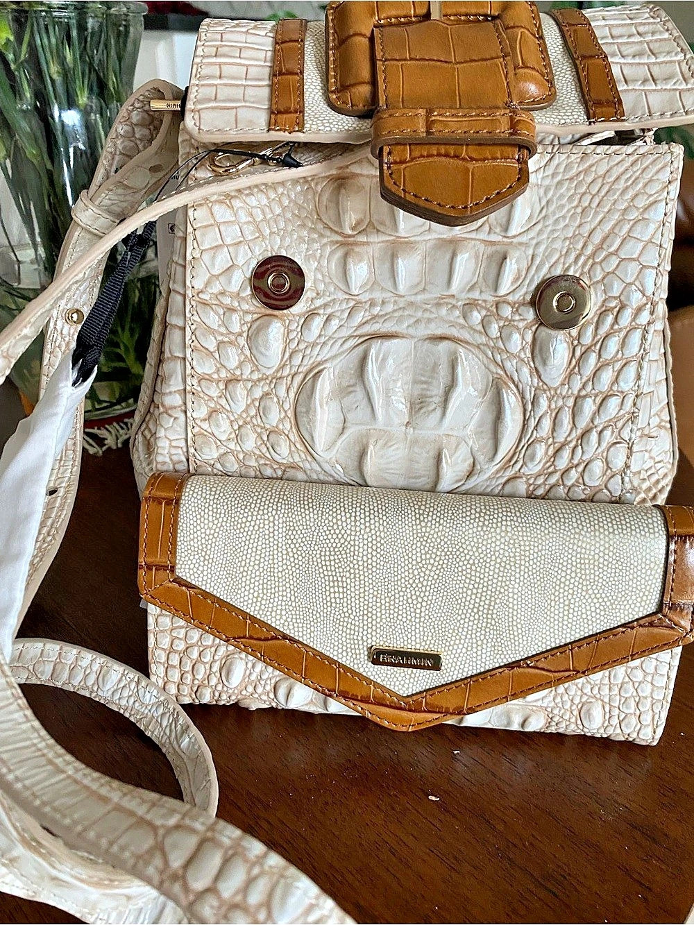 Brahmin Margo Crossbody Shoulder Bag and Matching Wallet in White & Brown (New)